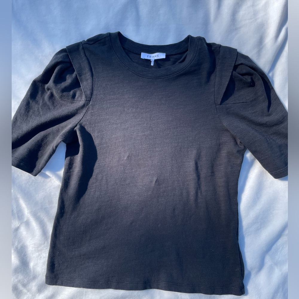 Frame Denim Black Cotton Puff Sleeve Tee Top